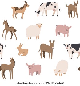 farm seamless pattern with domestic animal, country life digital paper, Vector illustration clipart in flat cartoon style