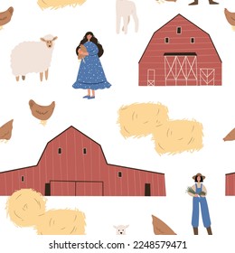 farm seamless pattern with domestic animal, country life digital paper, Vector illustration clipart in flat cartoon style