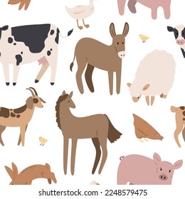 farm seamless pattern with domestic animal, country life digital paper, Vector illustration clipart in flat cartoon style