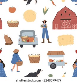 farm seamless pattern with domestic animal, country life digital paper, Vector illustration clipart in flat cartoon style