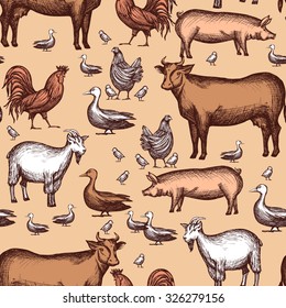 Farm seamless pattern with domestic animals hand drawn vector illustration