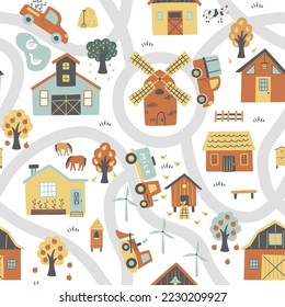 Farm seamless pattern with farmhouses, tractors, windmills, pets, trees, etc. Can be used for nursery, wallpaper, wrapping paper, and clothes. Vector background with hand-drawn elements.