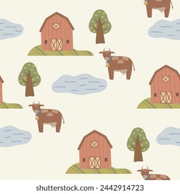 Farm seamless pattern with farm house, trees and cow, hand drawn cute kids background vintage retro pallete	