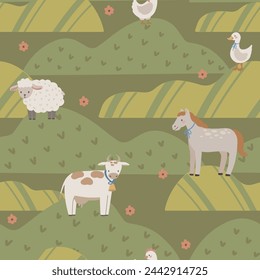 Farm seamless pattern with farm house, trees and cow, hand drawn cute kids background vintage retro pallete	