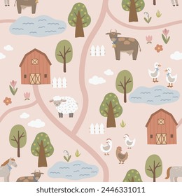 Farm seamless pattern with farm house, trees and animals, hand drawn cute kids background vintage retro pallete	