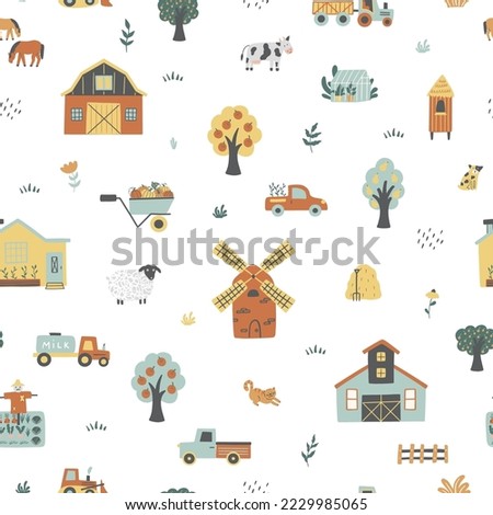 Farm seamless pattern with farm houses, tractors, greenhouses, pets, trees, etc. Can be used for nursery, wallpaper, wrapping paper and clothes. Vector background with hand drawn elements.
