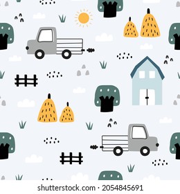 Farm seamless pattern Landscape background with tractor and house with haystacks. Hand drawn design in cartoon style. Use for print, wallpaper, decoration, fashion, vector illustration.