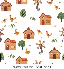 Farm seamless pattern. Landscape background with houses, Chickens, trees and windmill. Hand drawn design in cartoon style, use for print, wallpaper, kids clothes, fashion. Vector illustration