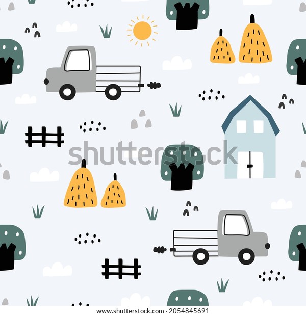 Farm\
seamless pattern Landscape background with tractor and house with\
haystacks. Hand drawn design in cartoon style. Use for print,\
wallpaper, decoration, fashion, vector\
illustration.
