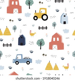 Farm seamless pattern Lovely landscape background with car tractors and houses. Hand drawn design in cartoon style, use for print, wallpaper, kids clothes, fashion. Vector illustration