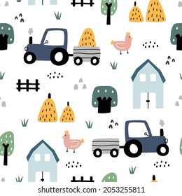 Farm seamless pattern Lovely landscape background with car tractors and houses. Hand drawn design in cartoon style, use for print, wallpaper, decoration, fashion. Vector illustration