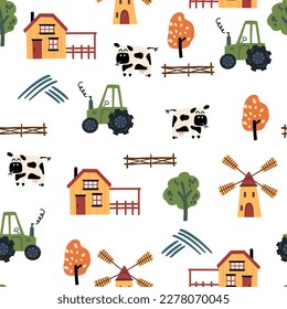 Farm seamless pattern Lovely landscape background with car tractors, houses and cow. Hand drawn design in cartoon style, use for print, wallpaper, kids clothes, fashion. Vector illustration