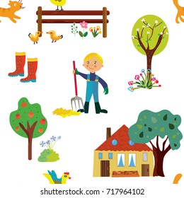 Farm seamless pattern with plants and animals, funny design. Vector graphic illustration