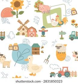 Farm seamless pattern set featuring barn tractor cow sheep goat pig rooster duck scarecrow windmill beehive sunflower wheelbarrow fence truck