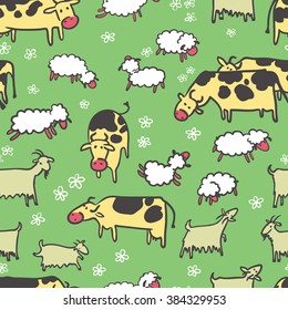 Farm seamless pattern with sheep, goat and cow