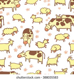 Farm seamless pattern with sheep, goat and cow