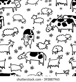 Farm Seamless Pattern With Sheep, Goat And Cow. Doodle Hand-drawn Vector