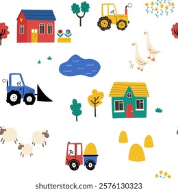 Farm seamless pattern. Vector cute hand drawn background with animals, countryside, geese, sheep, trees, houses, tractor. Village landscape. Scandinavian style. For textiles, wrapping paper, fabric