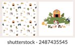 Farm seamless pattern. Vector funny hand drawn characters of domestic animals, countryside, houses and barns, tractor. Print for clothes, wallpaper, scrapbooking.