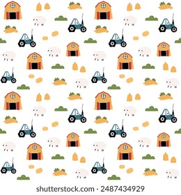 Farm seamless pattern. Vector funny hand drawn characters of domestic animals, countryside, houses and barns, tractor. Print for clothes, wallpaper, scrapbooking.