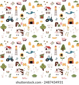 Granja sin patrón. Vector divertido dibujado a mano personajes de animales domésticos, campo, casas y graneros, tractor. Impresión para ropa, Fondo de pantalla, scrapbooking.