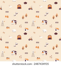 Granja sin patrón. Vector divertido dibujado a mano personajes de animales domésticos, campo, casas y graneros, tractor. Impresión para ropa, Fondo de pantalla, scrapbooking.