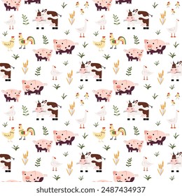 Granja sin patrón. Vector divertido dibujado a mano personajes de animales domésticos, campo, casas y graneros, tractor. Impresión para ropa, Fondo de pantalla, scrapbooking.