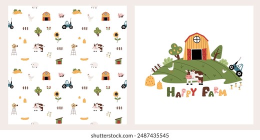 Farm seamless pattern. Vector funny hand drawn characters of domestic animals, countryside, houses and barns, tractor. Print for clothes, wallpaper, scrapbooking.