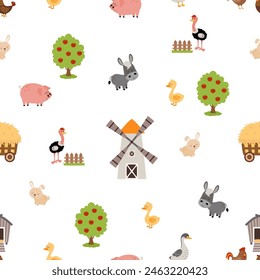 farm seamless pattern with windmill, wooden cart with hay, pets, tree and fense, can be used for nursery, wallpaper, wrapping paper and clothes, vector background with farm elements