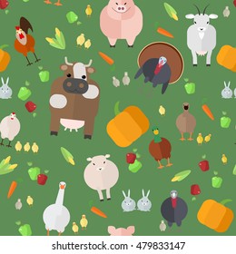 Farm seamless texture with animals and farm vegetables , vector