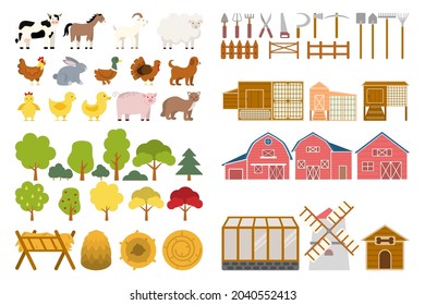 Farm Set. Agriculture Tools And Utensils For Growing Plants And Feeding Animals. Agriculture And Animal Husbandry Business. Farm Animals And Buildings. Flat Vector Illustration