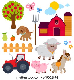 Farm set with animals, farm building and a tractor. Vector illustration collection