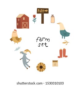 Farm set with animals, pets, livestock and vegetables on a white background. Simple flat vector illustration. animal info graphic. goat, goose, chicken, wheat, sunflower,
plate and milk.