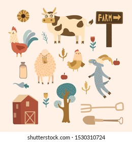 Farm set with animals, pets, livestock and vegetables on a white background. Simple flat vector illustration. animal info graphic. Cow, rooster, sheep and goat.