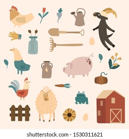 Farm Set With Animals, Pets, Livestock And Vegetables On A White Background. Simple Flat Vector Illustration. Animal Info Graphic. Сhicken,  Goose, Goat, Rooster, Sheep, Pig And Piglet.