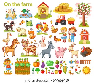 Farm set with animals, pets, livestock and vegetables on a white background. Young farmers and farming.
Vector illustration.