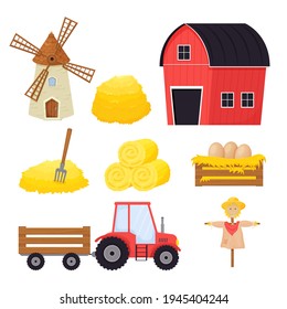 Farm set with bale of hay, scarecrow, windmill, tractor in cartoon style isolated on white background. Agriculture collection, rural elements.