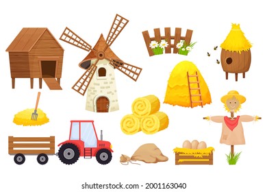 Farm set with bale of hay, scarecrow, windmill, tractor, beehive in cartoon style isolated on white background. Agriculture collection, rural elements.