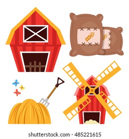 Farm set. Barn, brown wheat bags, haystack and forks, windmill isolated on white background. Flat design cartoon vector illustration