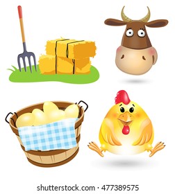 Farm set. Basket with eggs, chicken, hay, cow. Vector illustration