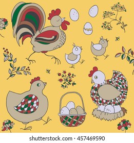 Farm set: chicken, rooster, chicks, basket with eggs, nest, twigs with leaves