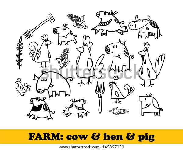 Farm set -\
cows, hens, pigs - vector\
illustration