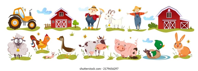 Farm set with cute animals, farmer character, barn houses, yellow tractor and scarecrow on white background. Wooden farmhouse or stable with cartoon funny farming pets flat vector illustration.