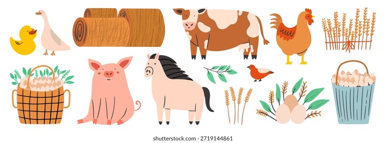 Conjunto de granja con diferentes animales y pájaros lindos. Divertida vaca y cerdo, caballo y pollo. Elementos contemporáneos con pacas de heno y huevos frescos en canasta. Colección para tarjetas, carteles en estilo dibujado a mano.