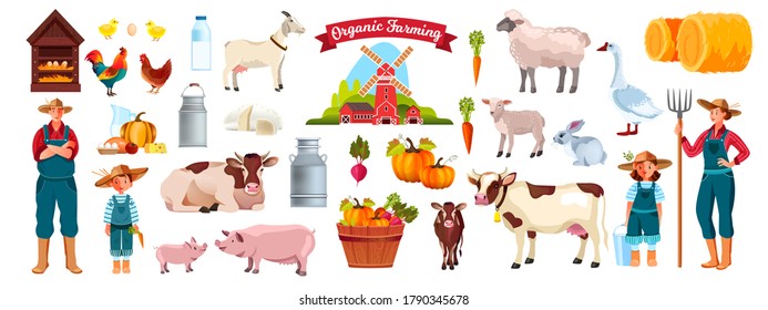 Farm Set With Family, Cow, Pig, Goat, Village Animals, Haystack, Birds, Dairy Products, Vegetables. Countryside Rural Collection In Flat Style With Farmer Family, Food, Rabbit, Rooster, Milk Bottle