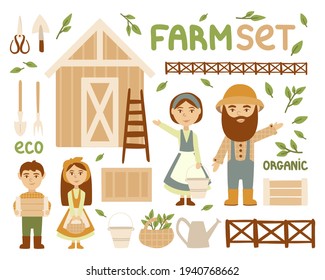 Farm Set. Family Of Farmers - Parents And Children With Tools, Barn, Plants. Boxes, Pruning Shears, Shovel, Fence, Basket, Bucket. Vector Elements For Scrapbooking, Packaging Design In Eco Style
