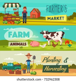 Farm set with farmers, products and animals. Cartoon vector illustration.