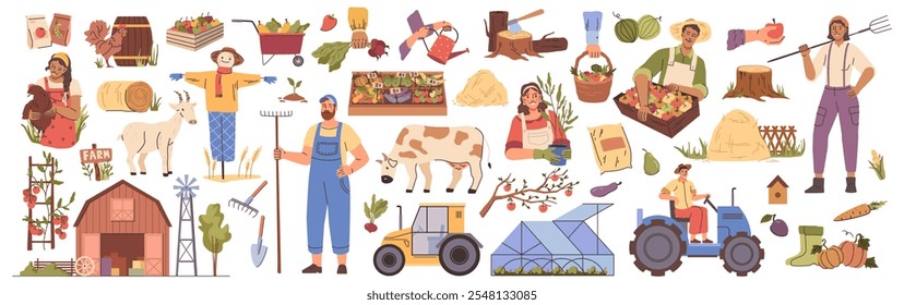 Farm set. Farmers with rakes and pitchforks, livestock and crops, hay barn and tractors, effigy and glass greenhouse, fruit and vegetable crates and straw stacks, stump with ax and watering can