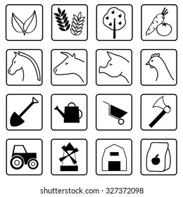 Farm. A set of flat black and white icons.