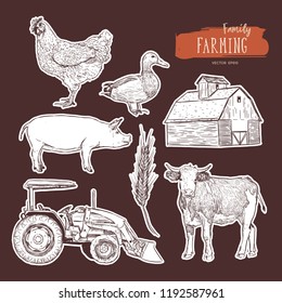 Farm set. Hand drawn illustration of cow, barn, hen, grain, tractor and duck.